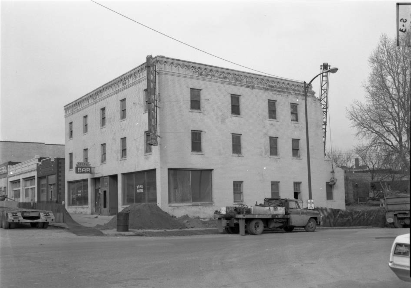 Vintage image of the exterior of a building and construction equipment